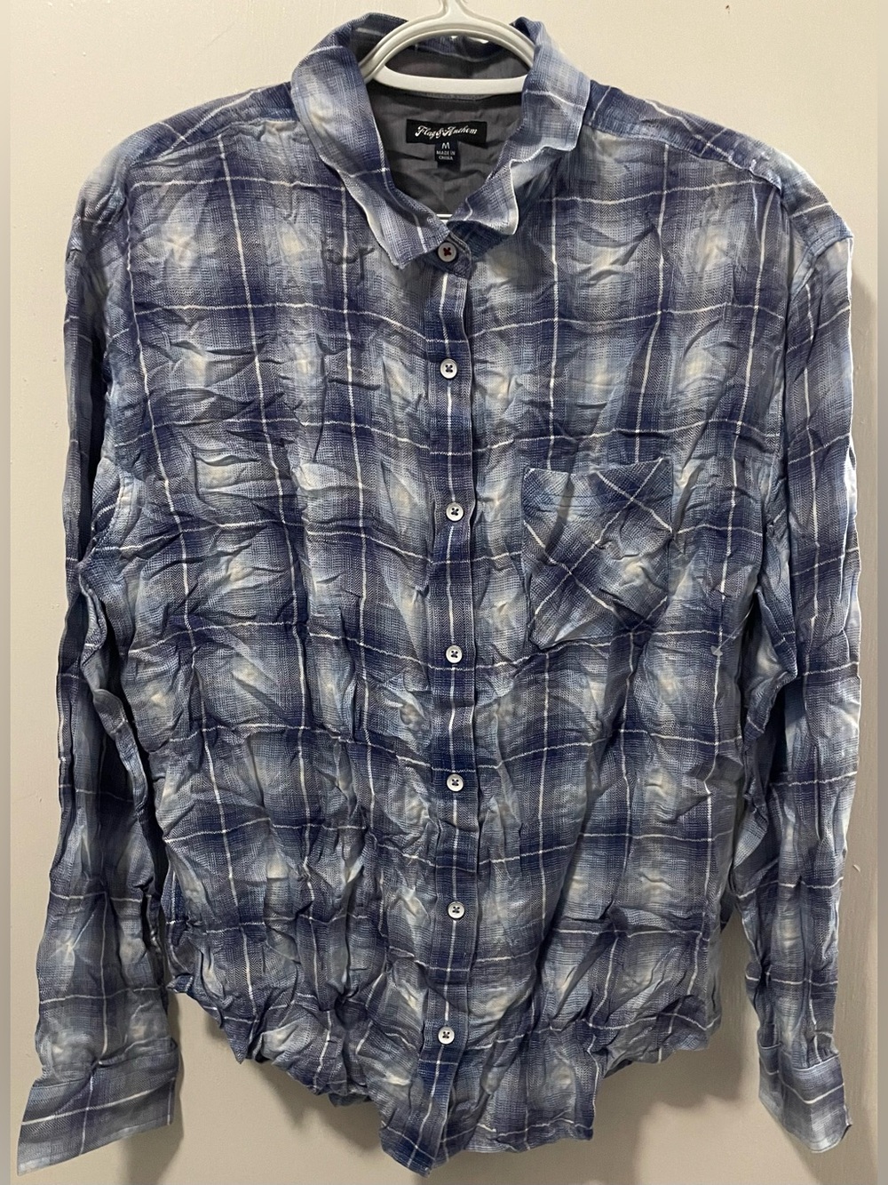 Flag & Anthem Women’s Blue White Plaid Long Sleeve Button Up Shirt Size Medium M
